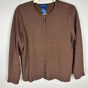 Cotton Chocolate Brown Cable Knit Cardigan Large Lightweight Spring Minimal